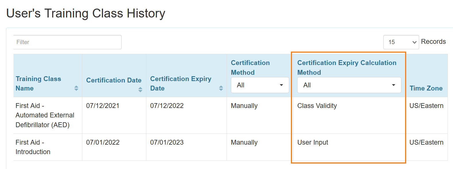 Screenshot of User's Training Class History form.